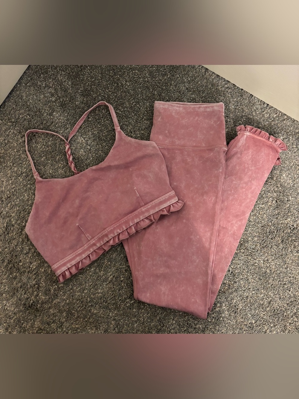 JoyLab Washed Pink Ruffle Hem Braid Back Sports Bralette and Legging Set - M